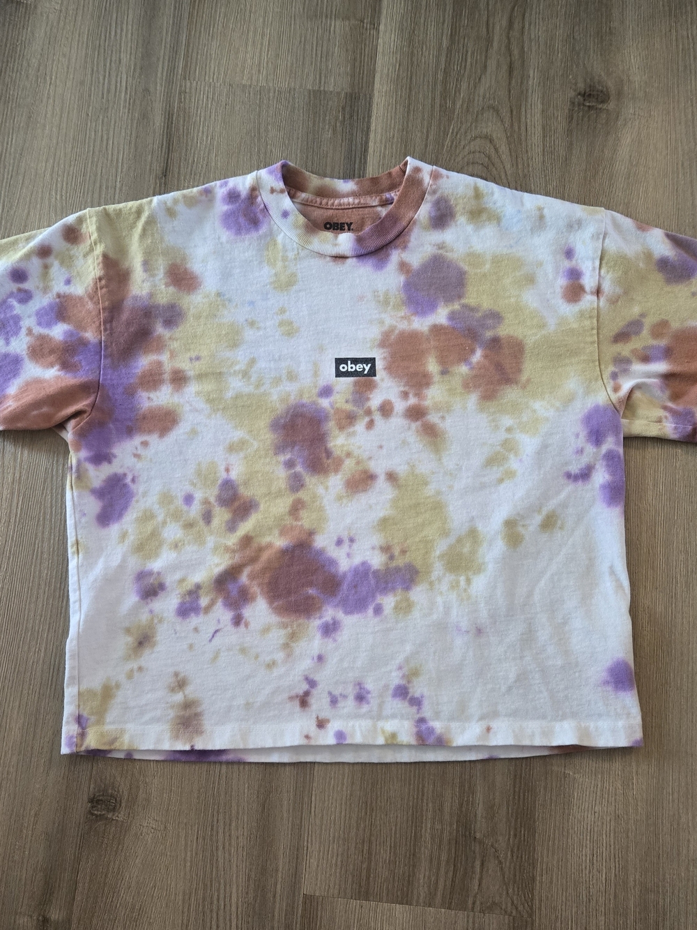 Obey Cropped Tie-Dye Tee in Purple, Gold & Pink